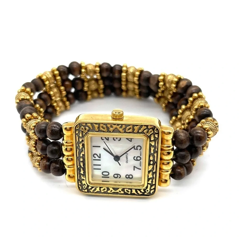 Japan Movt Mother of Pearl Face w/ Wooded & Gold tone Beads Stretch Watch